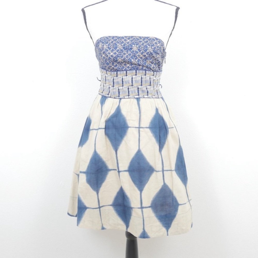 anthropologie Maeve Blue Tan Boho Batik Tie Dye Print Strapless Dress